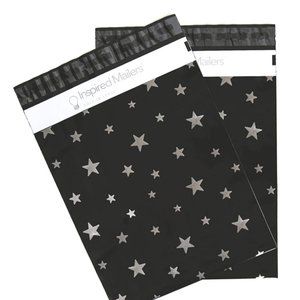50 Black Silver Star Print Designer Poly Mailer Bags 10"x13"